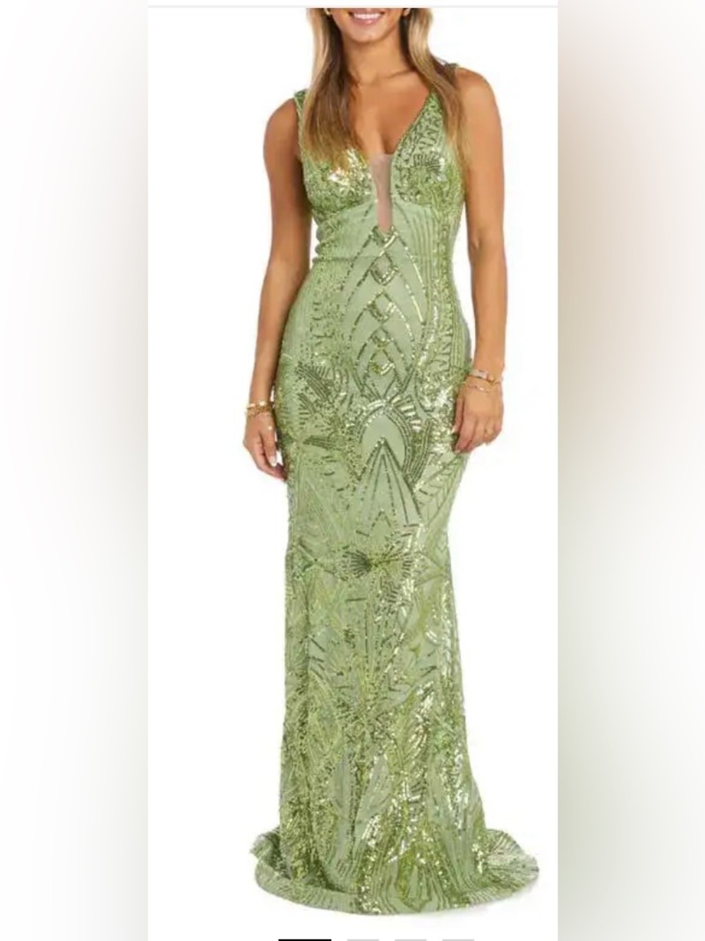 Morgan & Co Sage Green Sequin Mermaid Prom Formal Gown Illusion Dress NWT 0